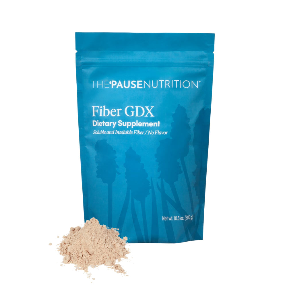 The Pause Life Fiber GDX bottle shows gluten-free chia-quinoa blend for daily fiber support