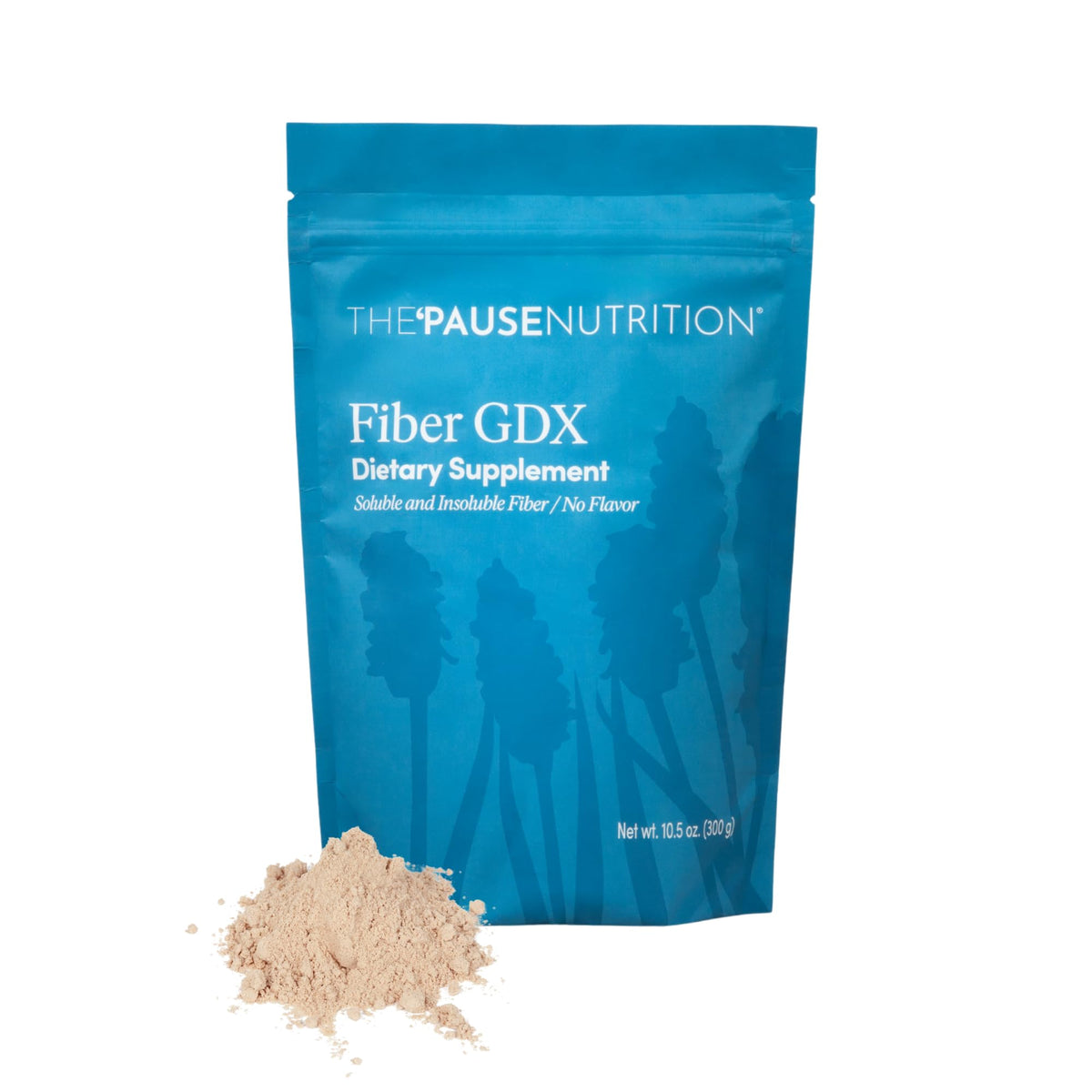 The Pause Life Fiber GDX bottle shows gluten-free chia-quinoa blend for daily fiber support