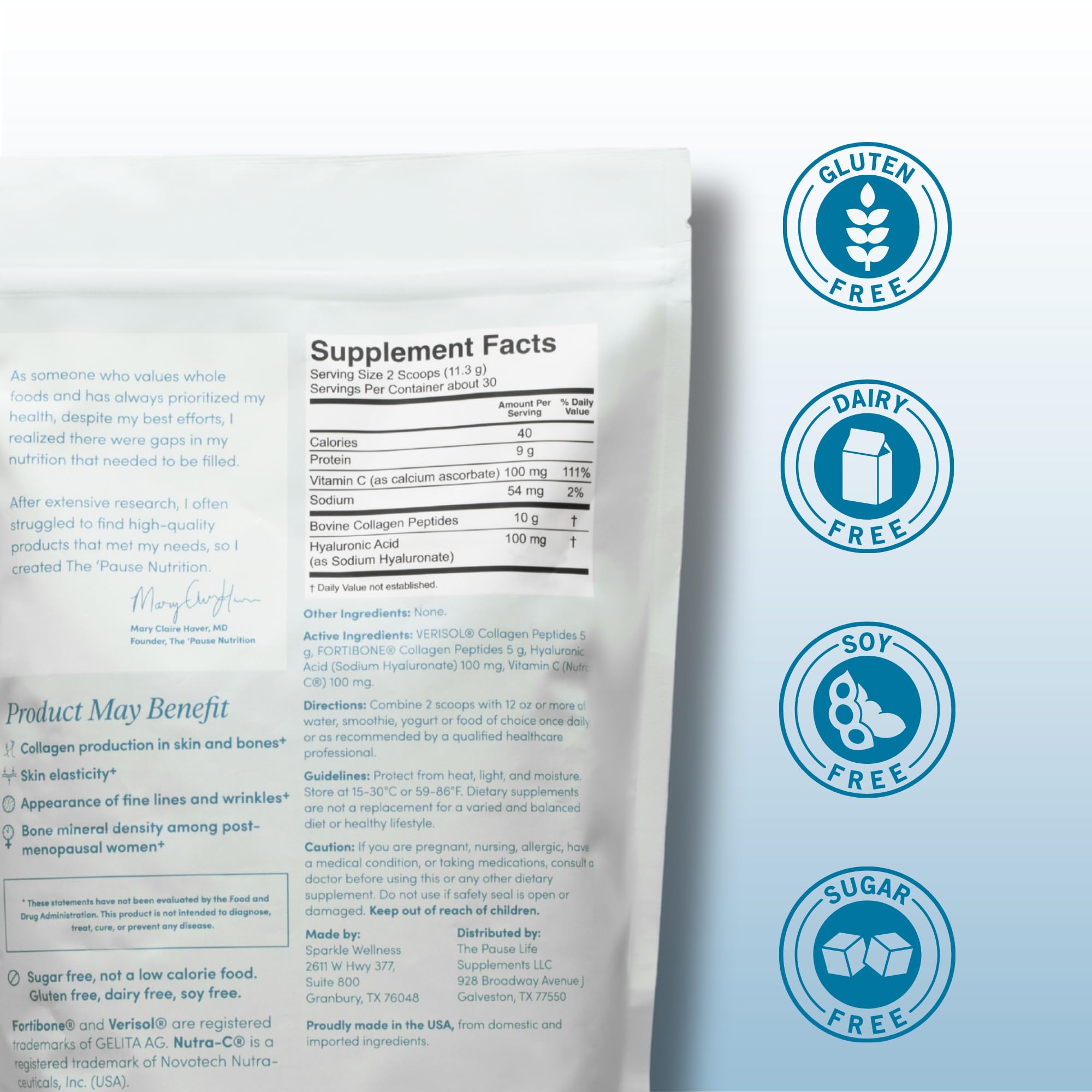 Pause Life Skin & Bone bottle close-up highlighting Verisol and Fortibone peptides.