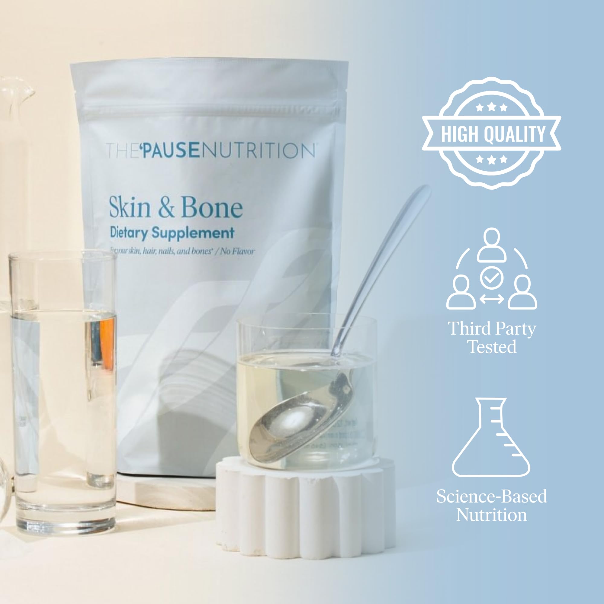Pause Life Skin & Bone ingredients visualising collagen peptides, hyaluronic acid, and vitamin C.
