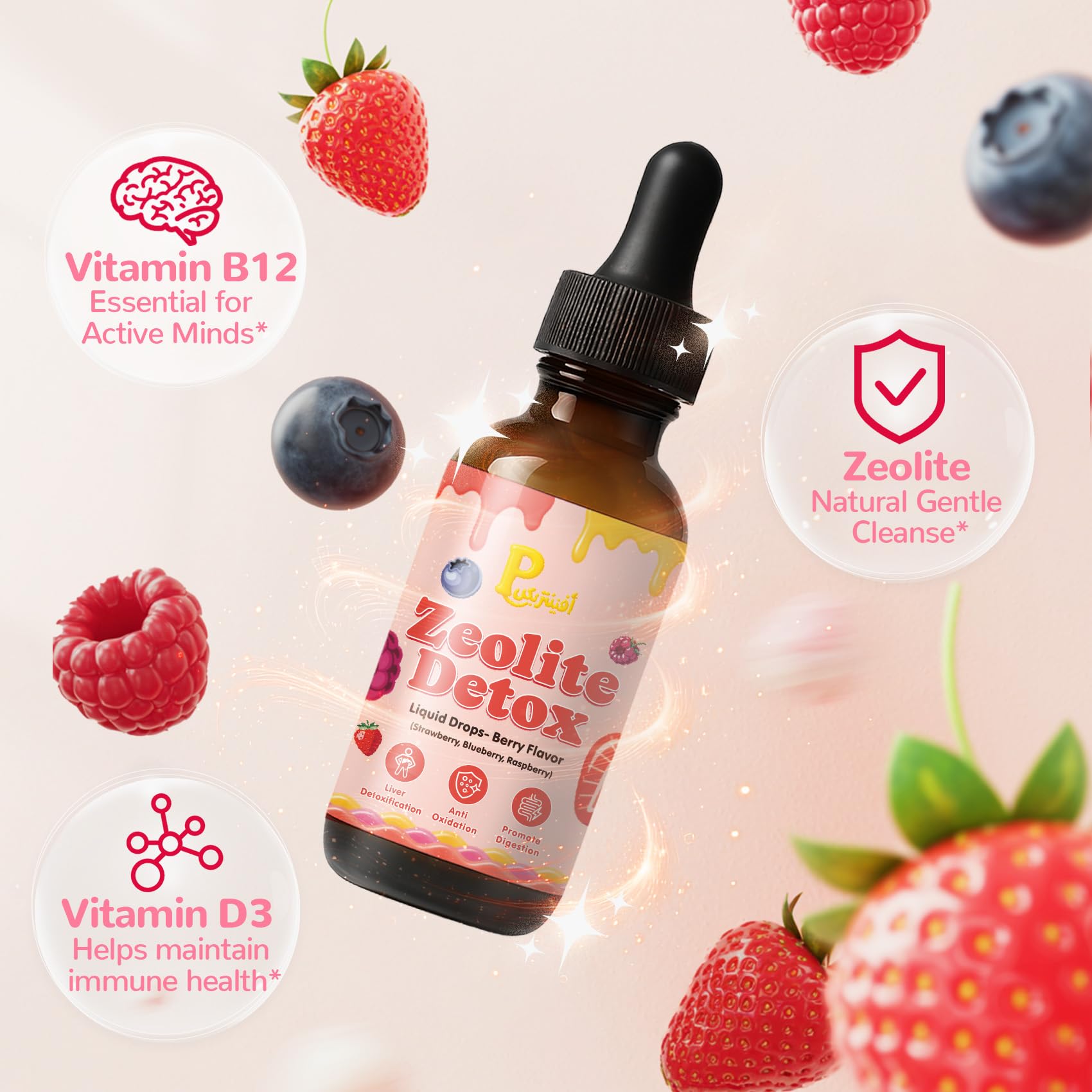 Pavintrix Zeolite Detox Drops label notes non-GMO vegan formula
