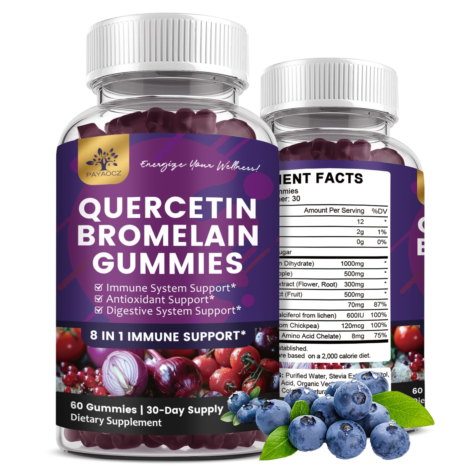 PAYAOCZ quercetin gummies blueberry bottle for daily immune support.