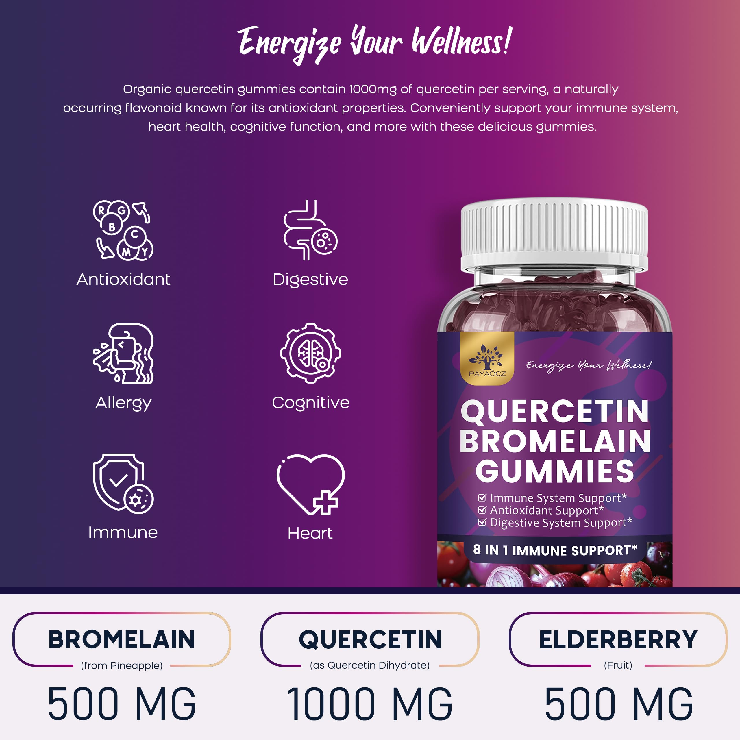 Chewy PAYAOCZ quercetin gummies, blueberry flavor, for convenient daily use.