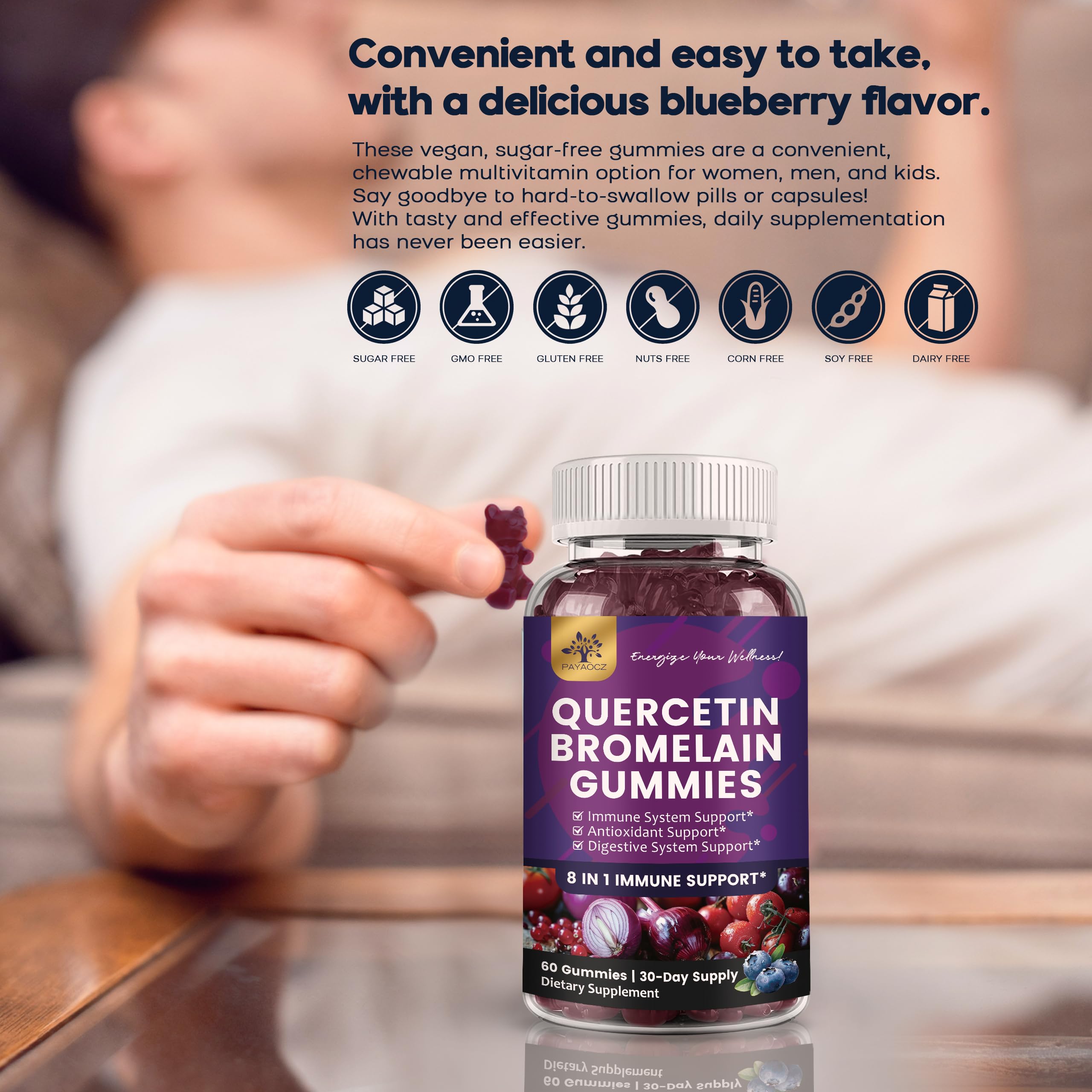 Kid-friendly dosing with PAYAOCZ gummies on a desk.