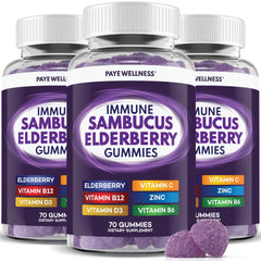 PAYÉ Elderberry Gummies bottle showing raspberry flavor for daily immune support