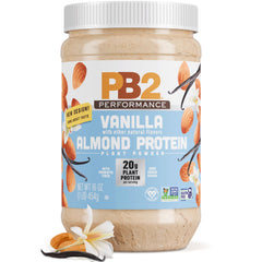 PB2 Performance Almond Protein Powder vanilla bottle showing zero added sugars label