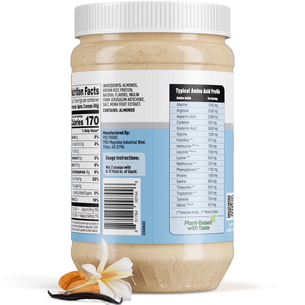 PB2 Performance Almond Protein Powder vanilla dairy-free packaging beside almond milk