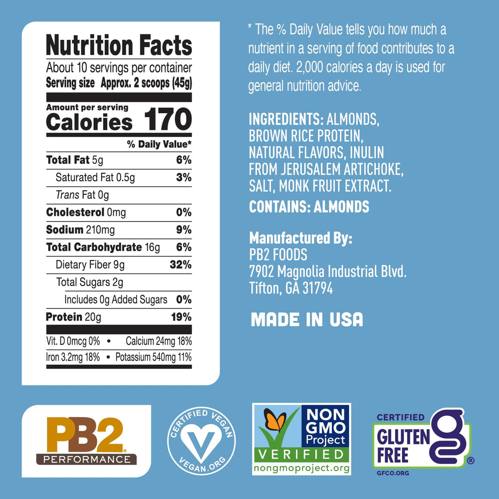 PB2 Performance Almond Protein Powder vanilla label highlights vegan and gluten-free badges