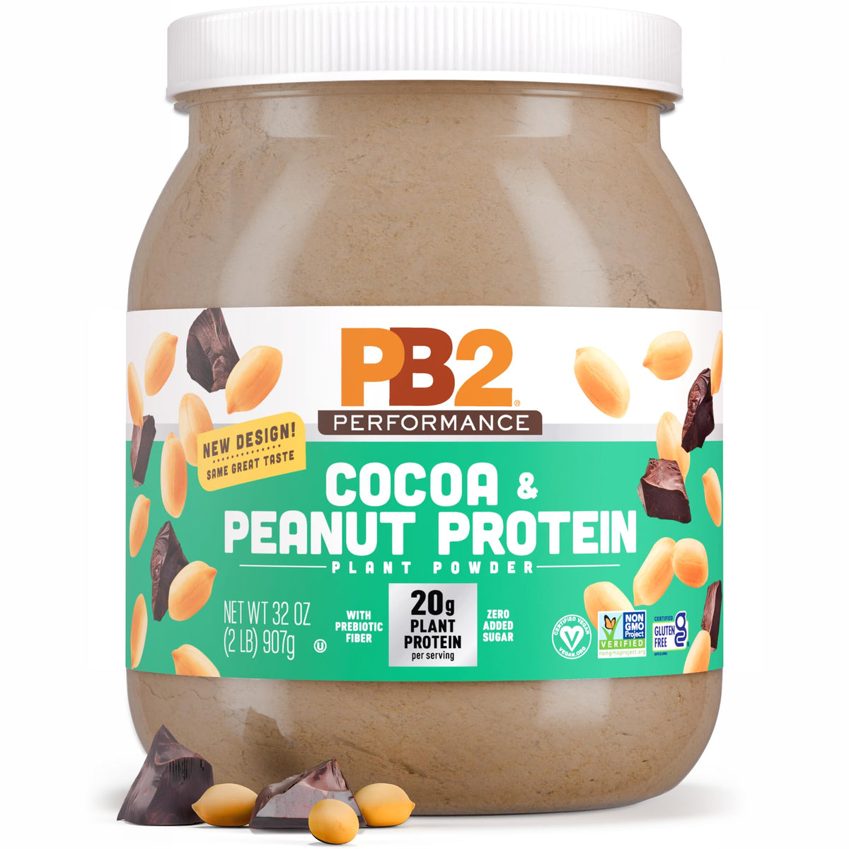 PB2 Performance peanut protein bottle front showing dairy-free protein for vegan meals.