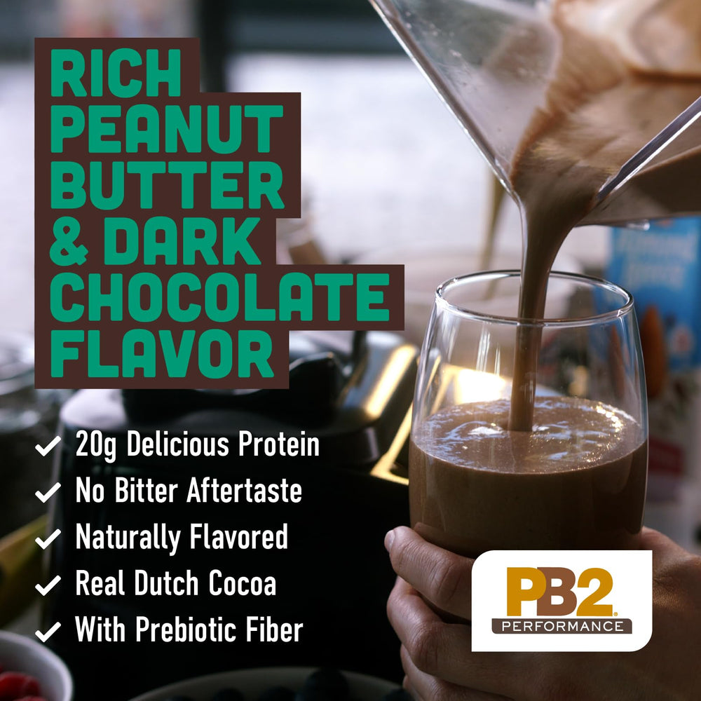 PB2 Performance cocoa-dusted powder, rich chocolate flavor for tasty shakes.
