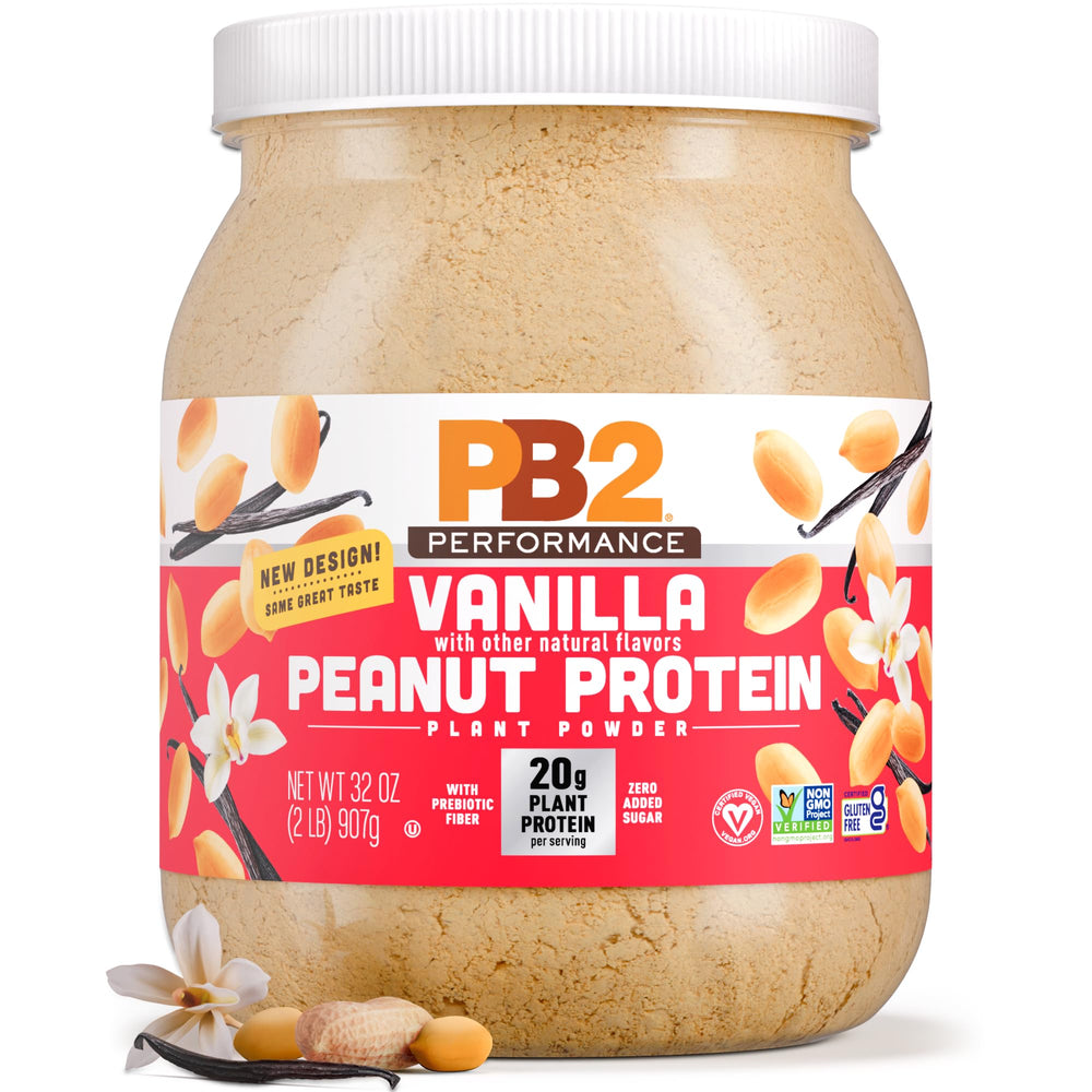 PB2 Performance peanut vanilla tub front, protein packed vegan option