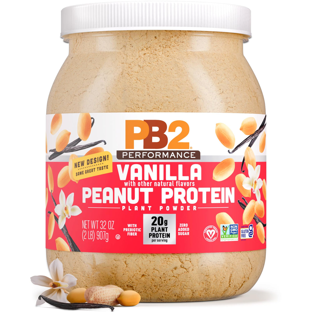 PB2 Performance peanut vanilla tub front, protein packed vegan option
