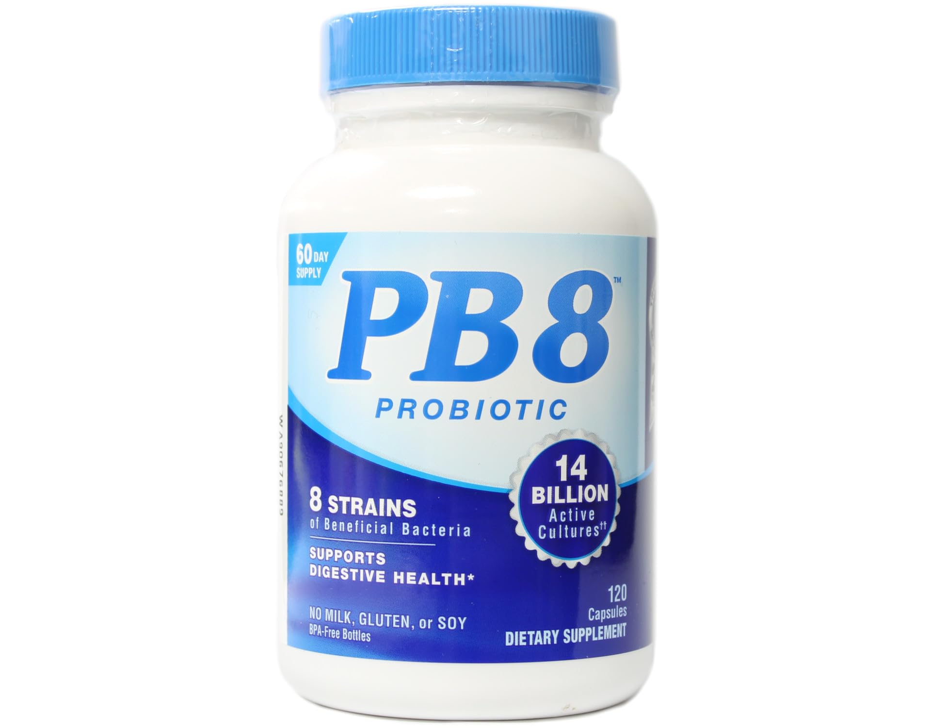 PB8 Probiotic 3-Pack bottle label shows dairy-free, gluten-free, and soy-free promise.