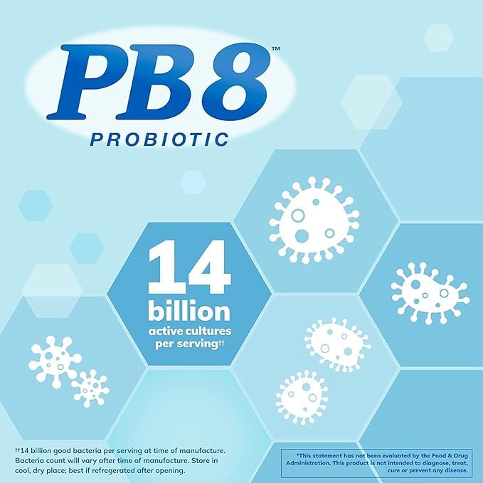 PB8 Probiotic 3-Pack packaging on bright kitchen counter.
