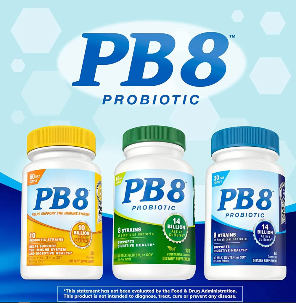 PB8 Probiotic 3-Pack bottles stacked for travel-friendly routine.