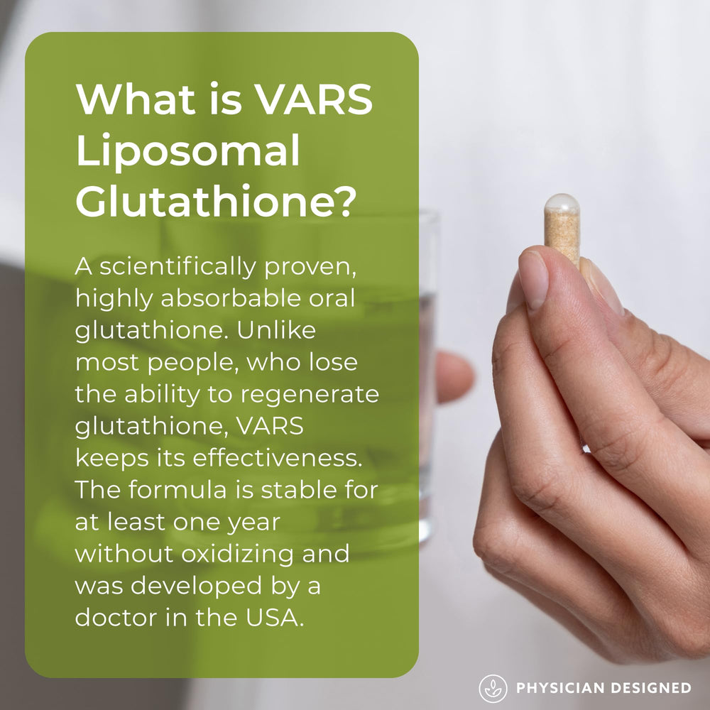 PD VARS glutathione capsules label close-up highlighting Setria delivery
