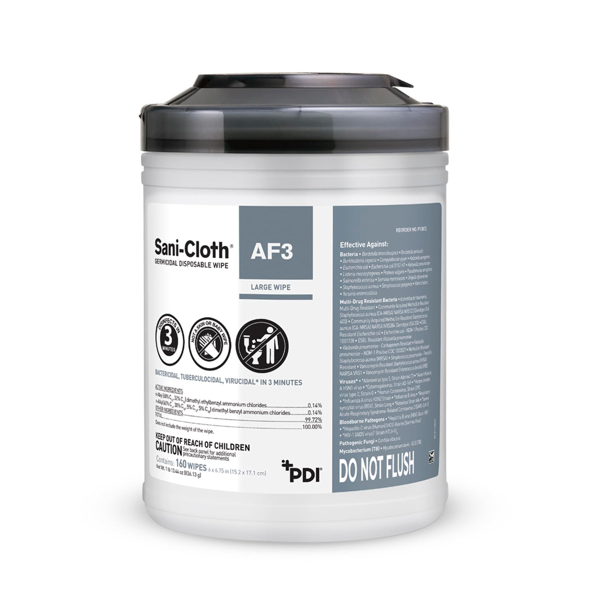 PDI Sani-Cloth AF3 wipes in a large canister for quick, fragrance-free surface cleaning.