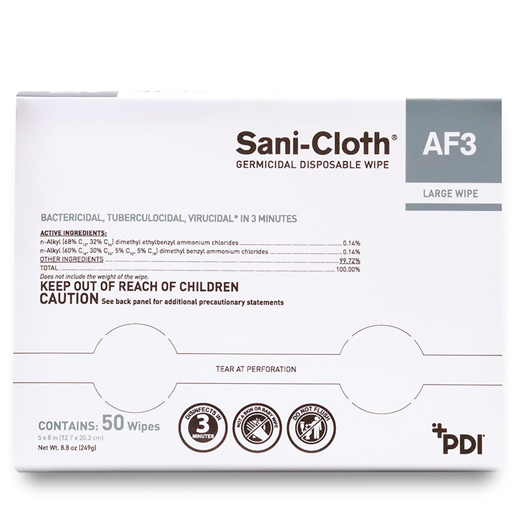 PDI Sani-Cloth AF3 wipes 5x8 inch size for broad coverage.