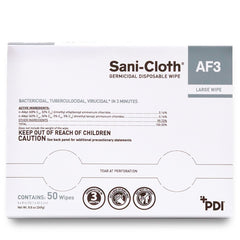 PDI Sani-Cloth AF3 wipes 5x8 inch size for broad coverage.