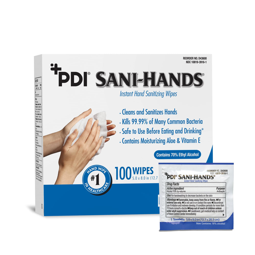 Toallitas Sani-Hands de PDI con cierre zip, ideales para uso rápido y portátil.