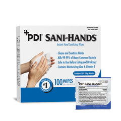 Toallitas Sani-Hands de PDI con cierre zip, ideales para uso rápido y portátil.