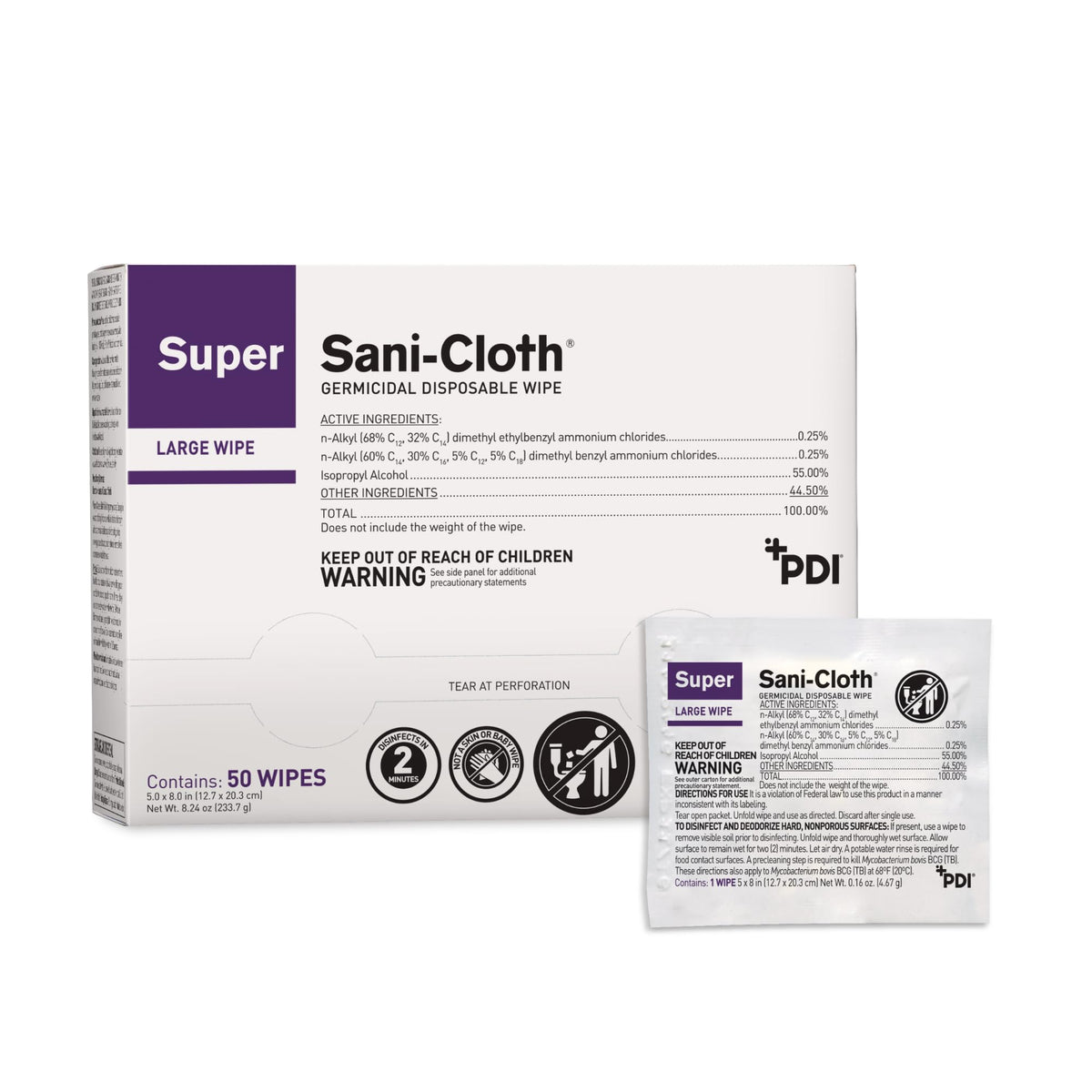 PDI Super Sani-Cloth large wipe box ready for on-the-go disinfection.