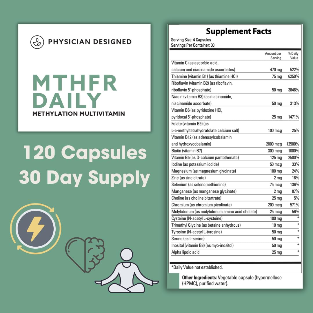 PD VARS MTHFR Daily Multivitamin bottle back highlights key vitamins for immune and brain support.