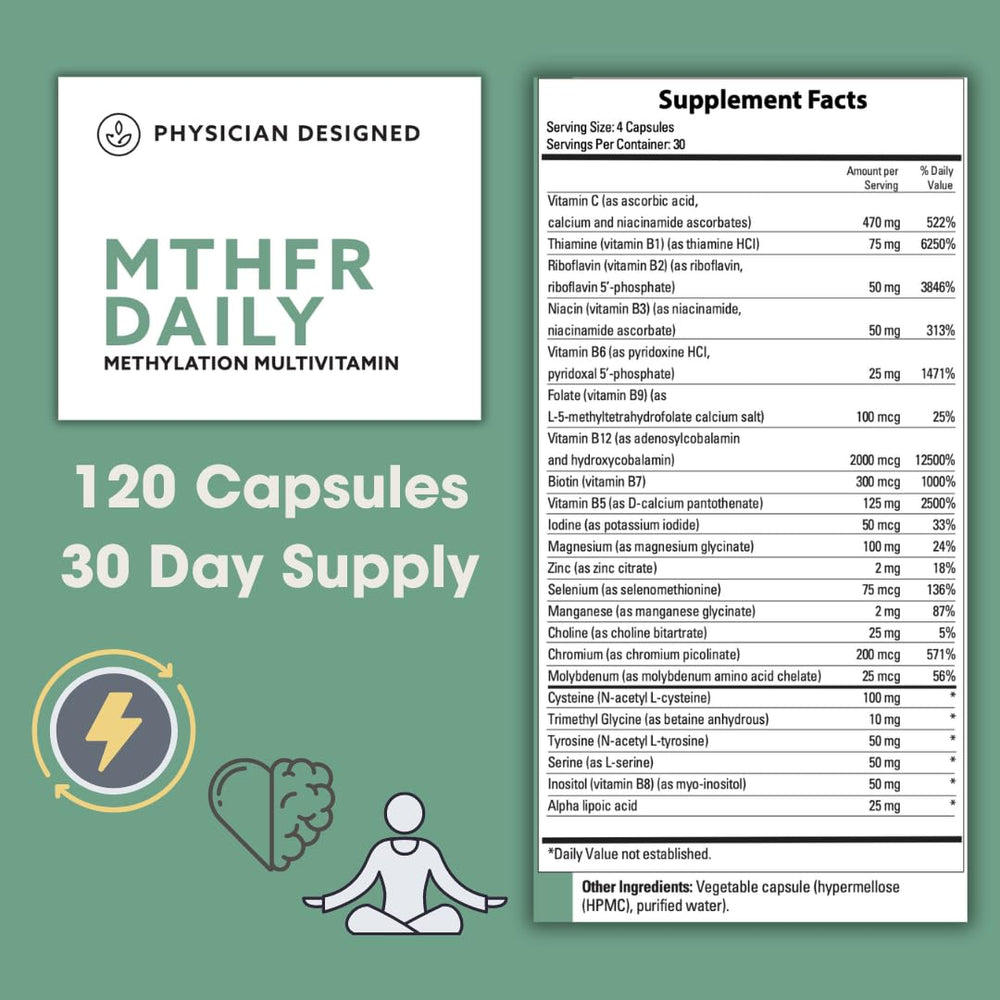 PD VARS MTHFR Daily Multivitamin bottle back highlights key vitamins for immune and brain support.