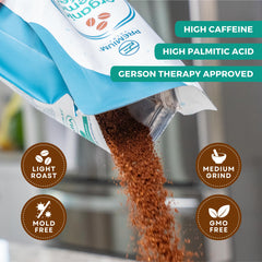 PE Premium Enema fair trade label closeup on organic coffee