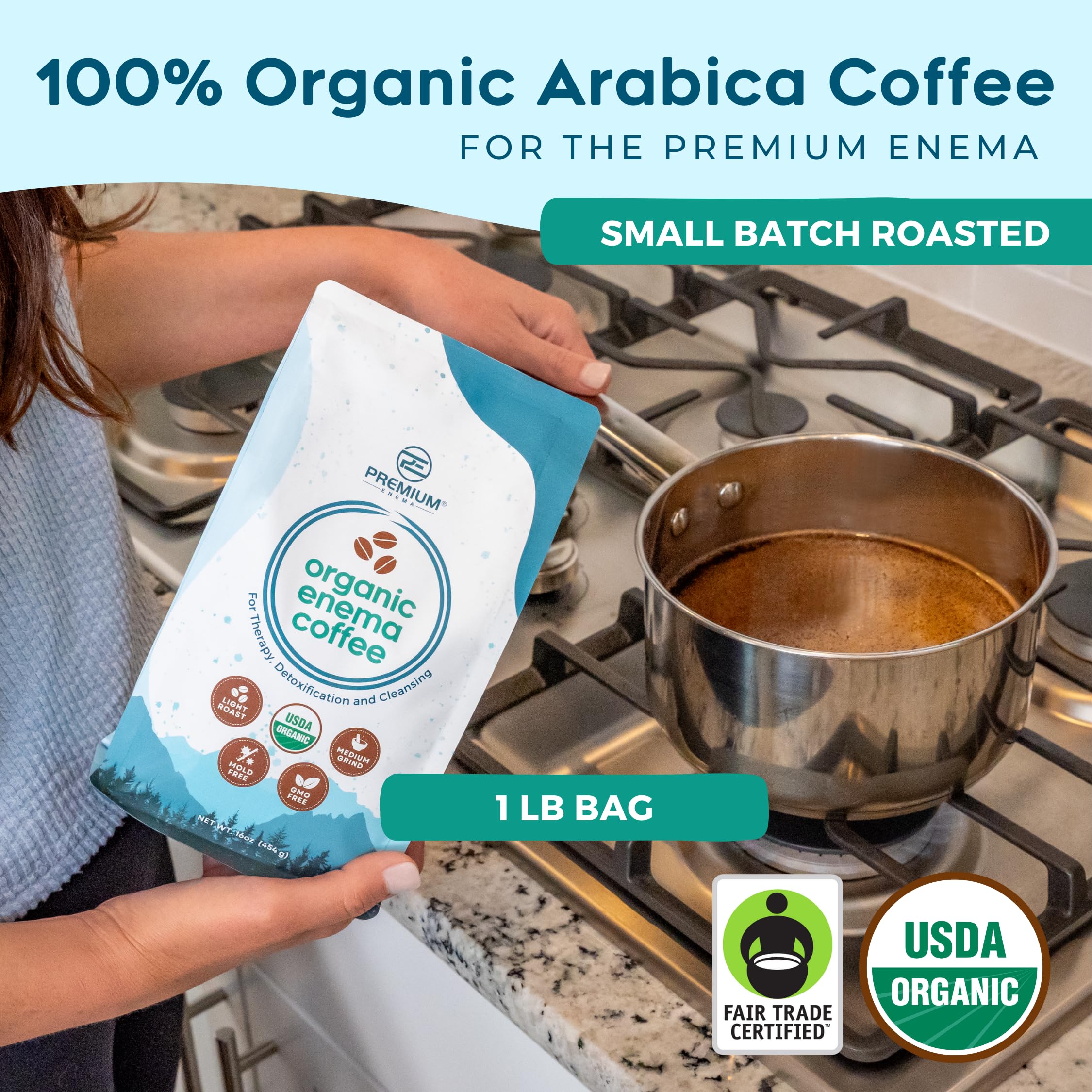 PE Premium Enema organic coffee bag, medium-ground for reliable extraction and easy prep