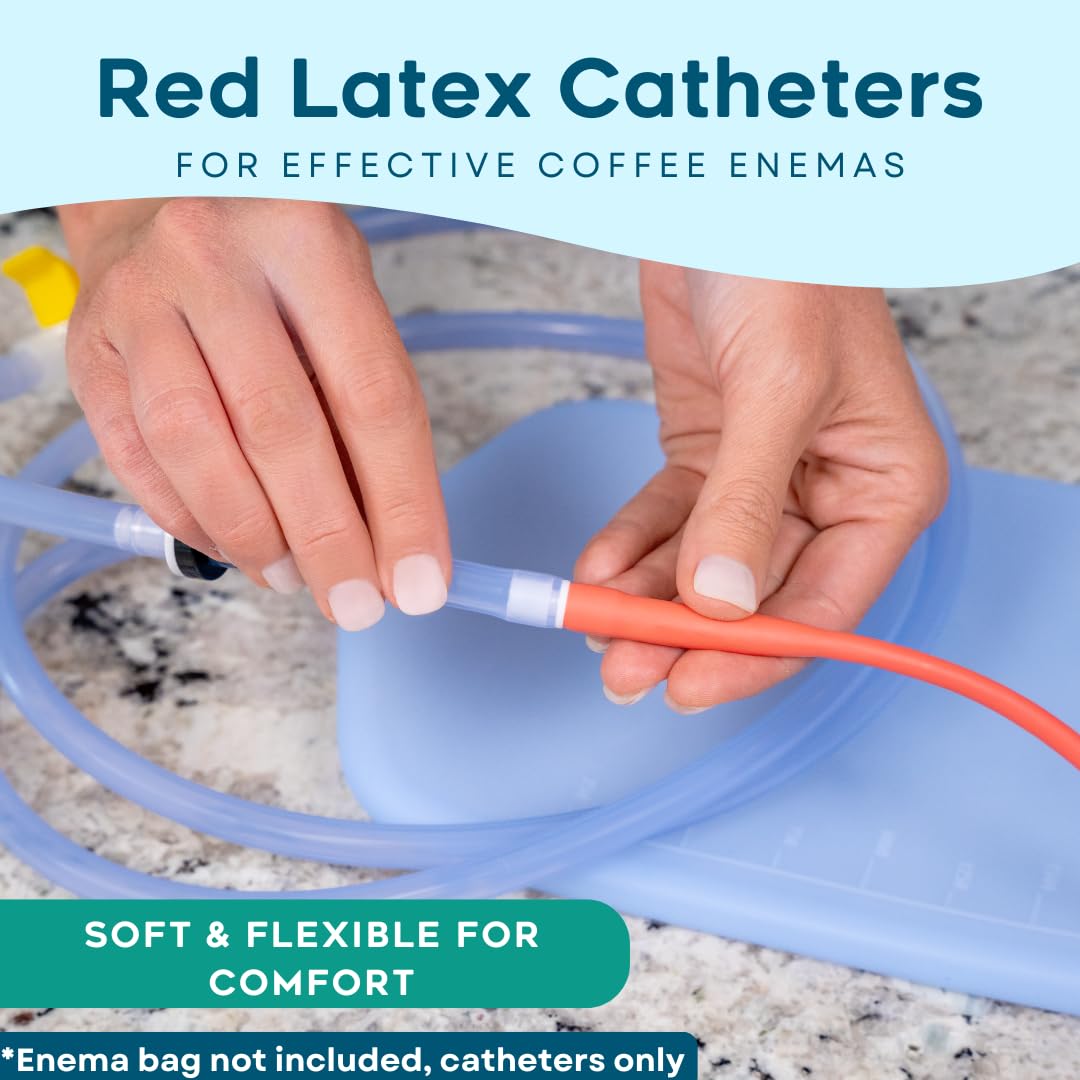 PE Premium Enema red latex catheter 20FR shows hose connection for easy attachment.