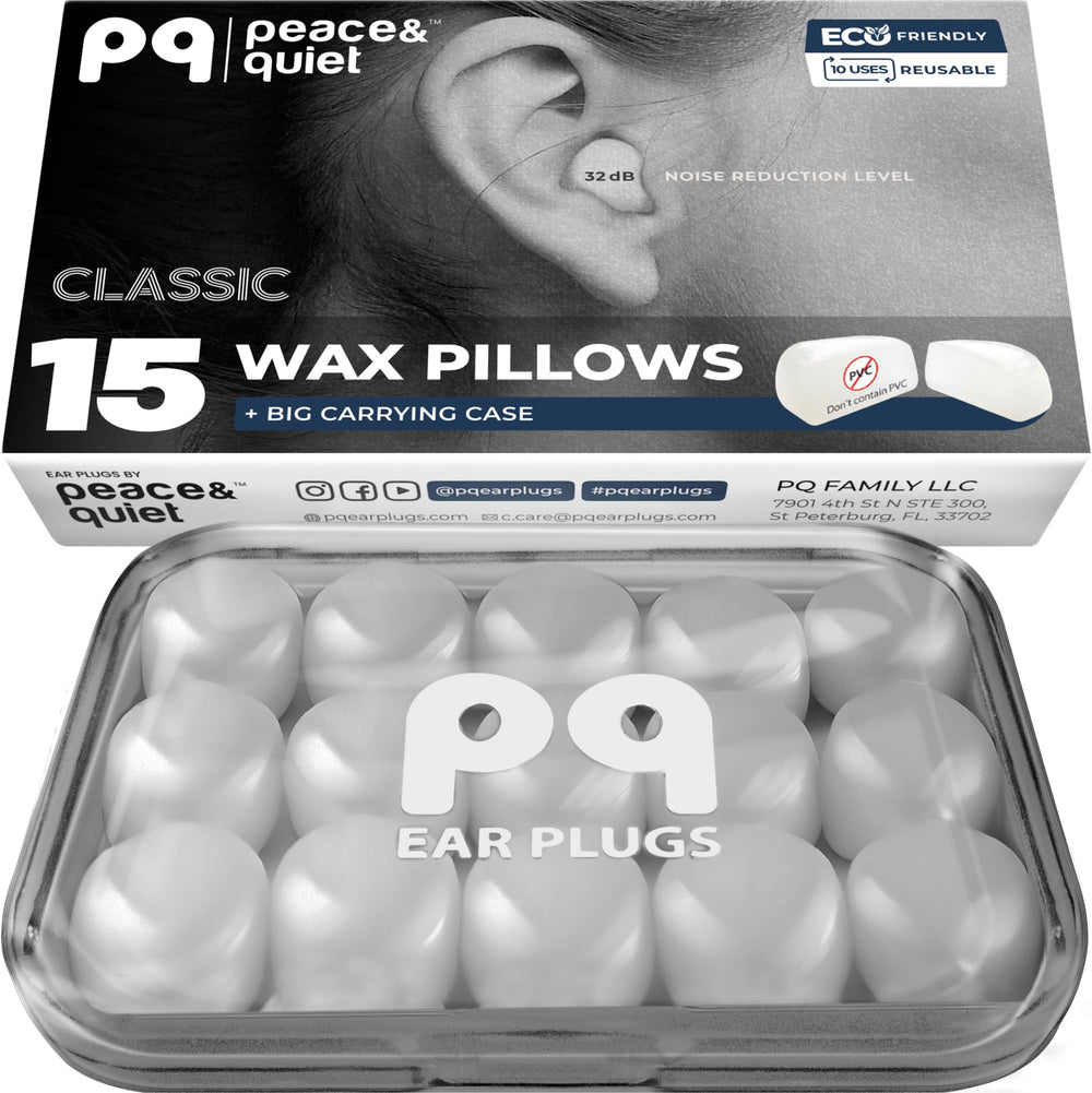Peace&Quiet PQ wax ear plugs for sleep — soft, noise-blocking comfort for night use.