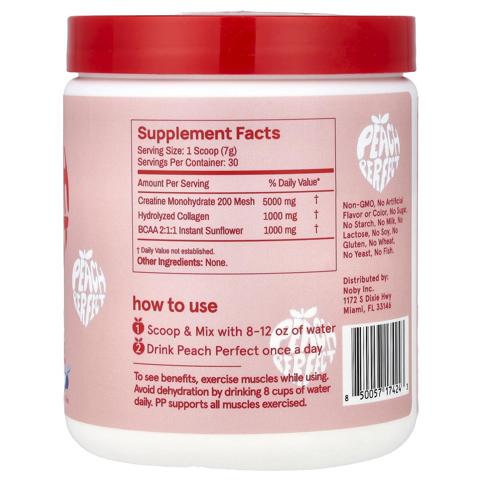 Peach Perfect Creatine Blend powder in pink lemonade, dissolves smoothly for workouts