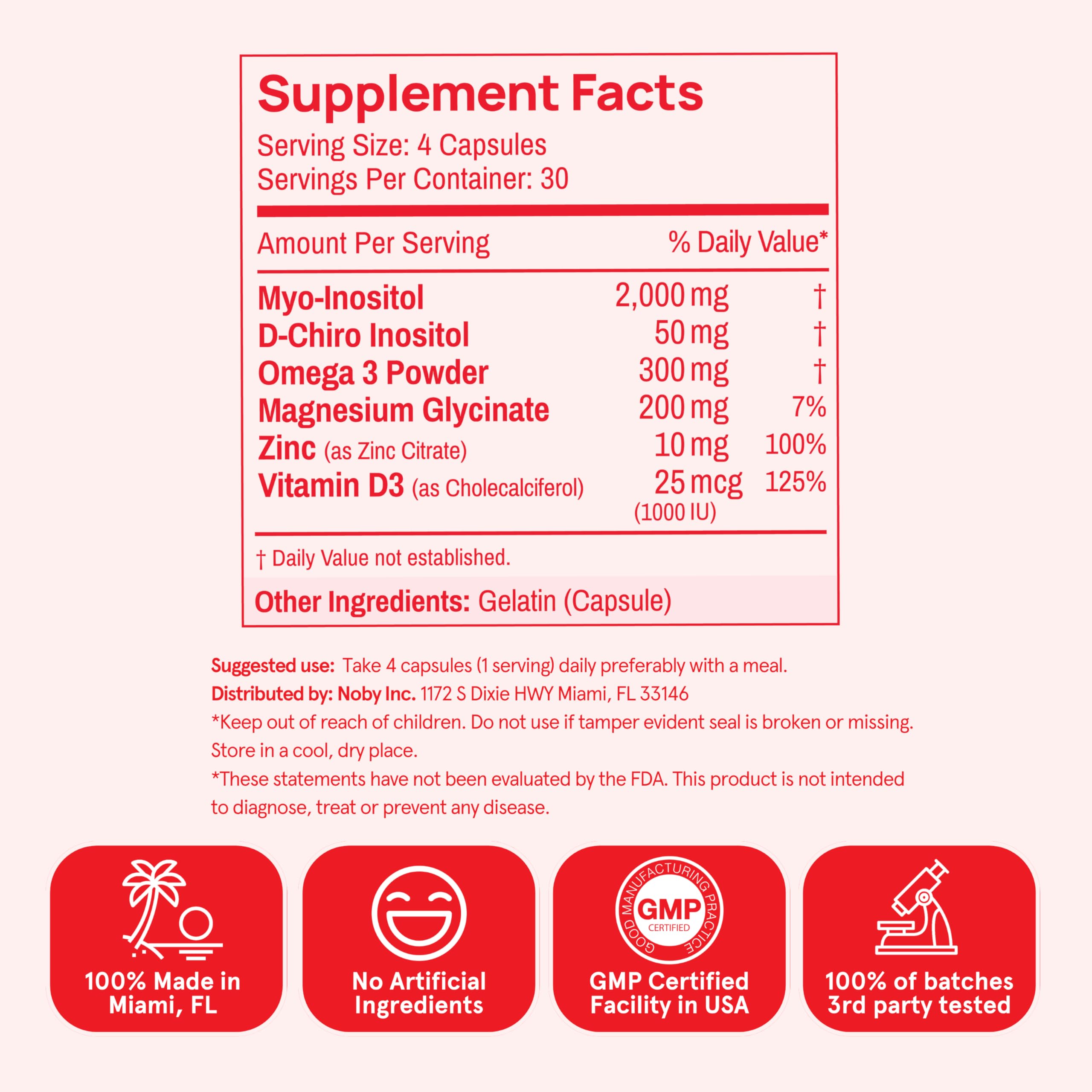 Bottle dosage panel shows four capsules per day for a simple routine