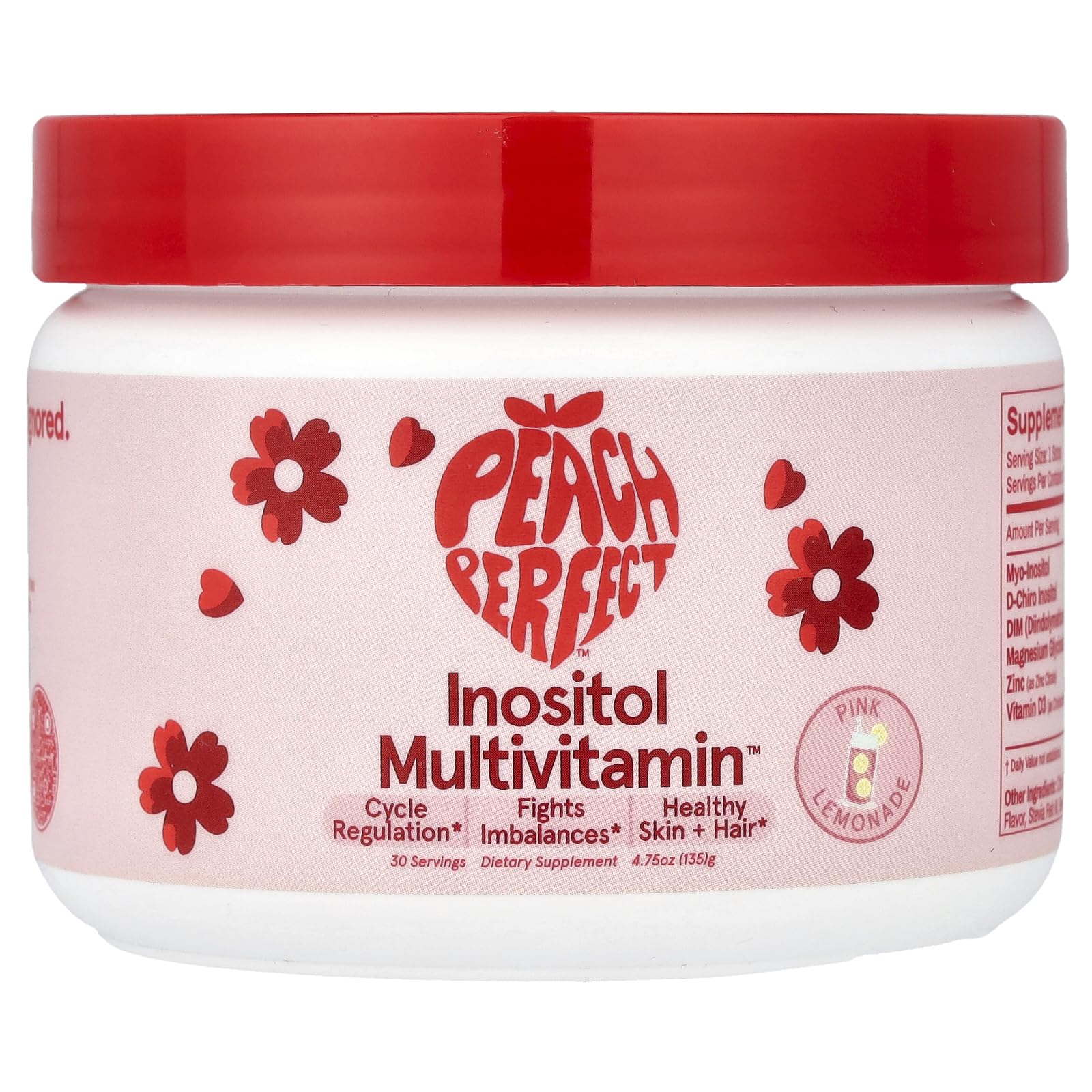 Peach Perfect Inositol powder pink lemonade bottle for daily wellness support.