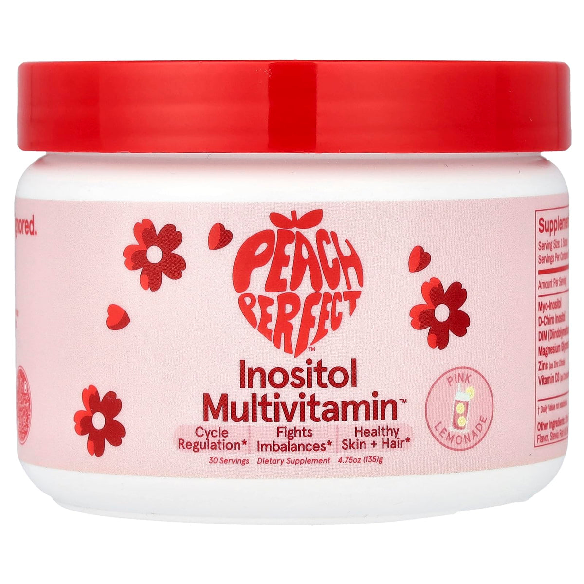 Peach Perfect Inositol powder pink lemonade bottle for daily wellness support.