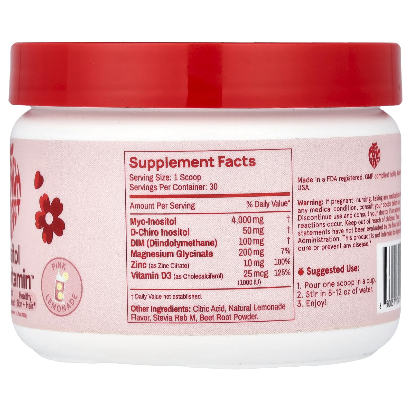 Peach Perfect Inositol powder pink lemonade label highlights key nutrients.