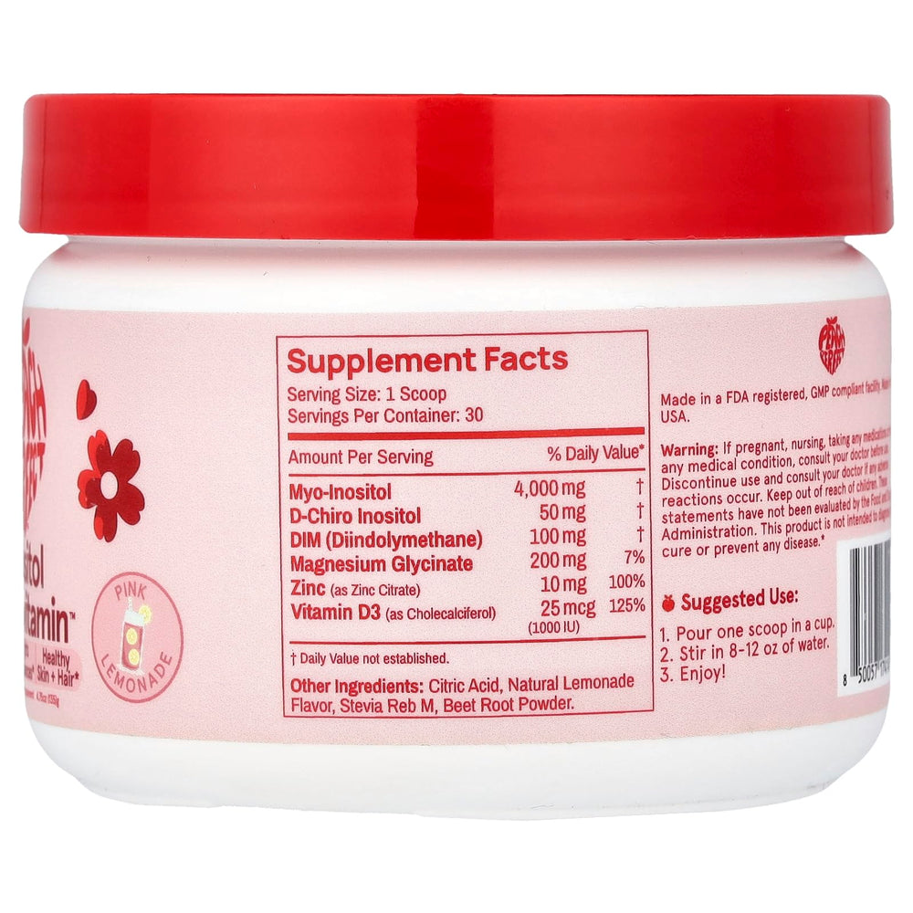 Peach Perfect Inositol powder pink lemonade label highlights key nutrients.