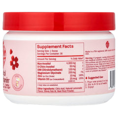 Peach Perfect Inositol powder pink lemonade label highlights key nutrients.