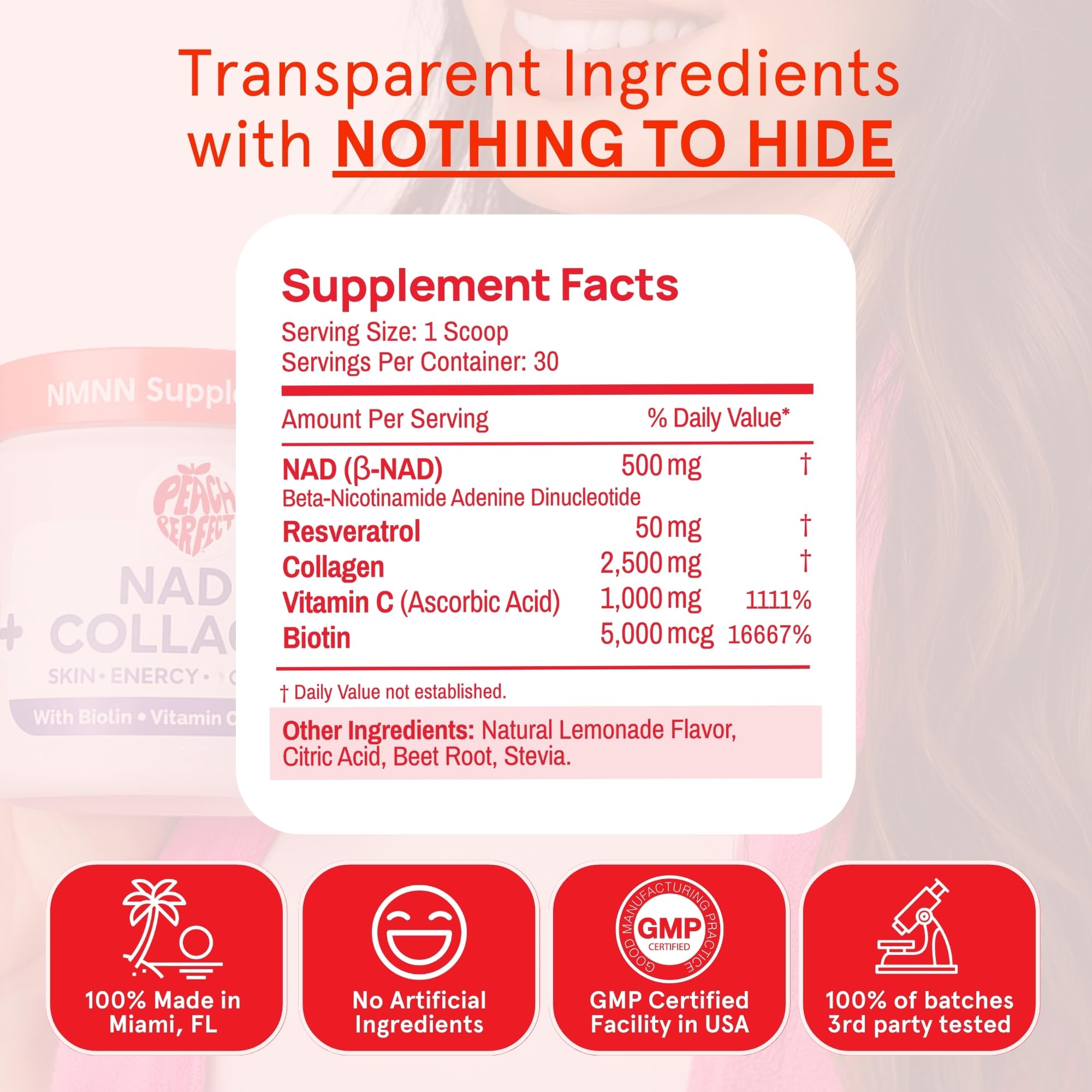 Peach Perfect USA-made GMP facility label, trusted production standards for purity.