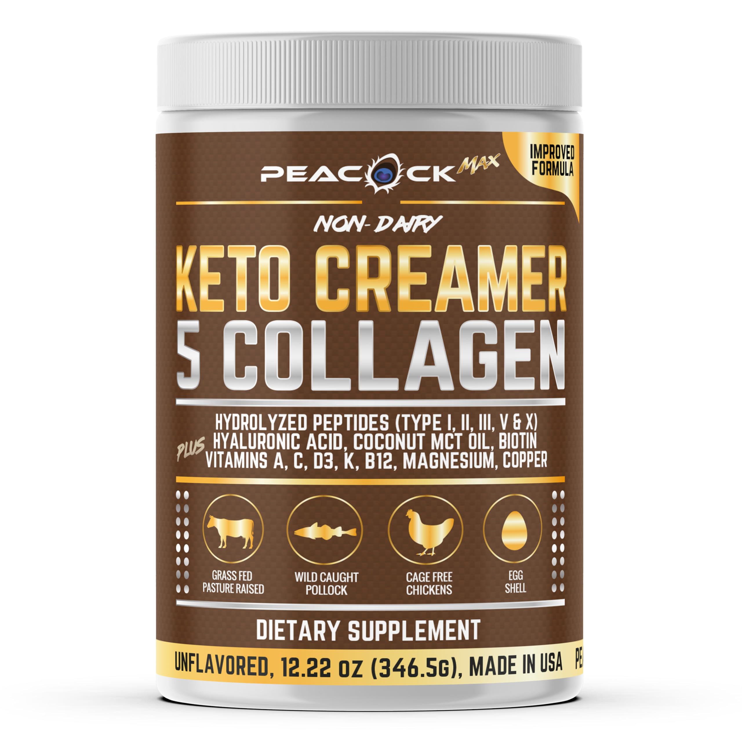Peacock Max collagen keto coffee creamer tub showing product; convenient protein boost for coffee.