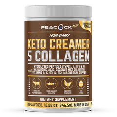 Peacock Max collagen keto coffee creamer tub showing product; convenient protein boost for coffee.