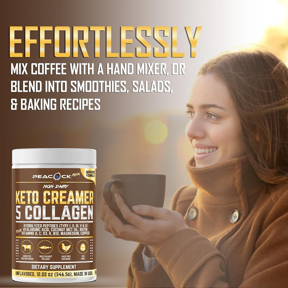 Peacock Max unflavored powder adds protein to drinks without altering taste.