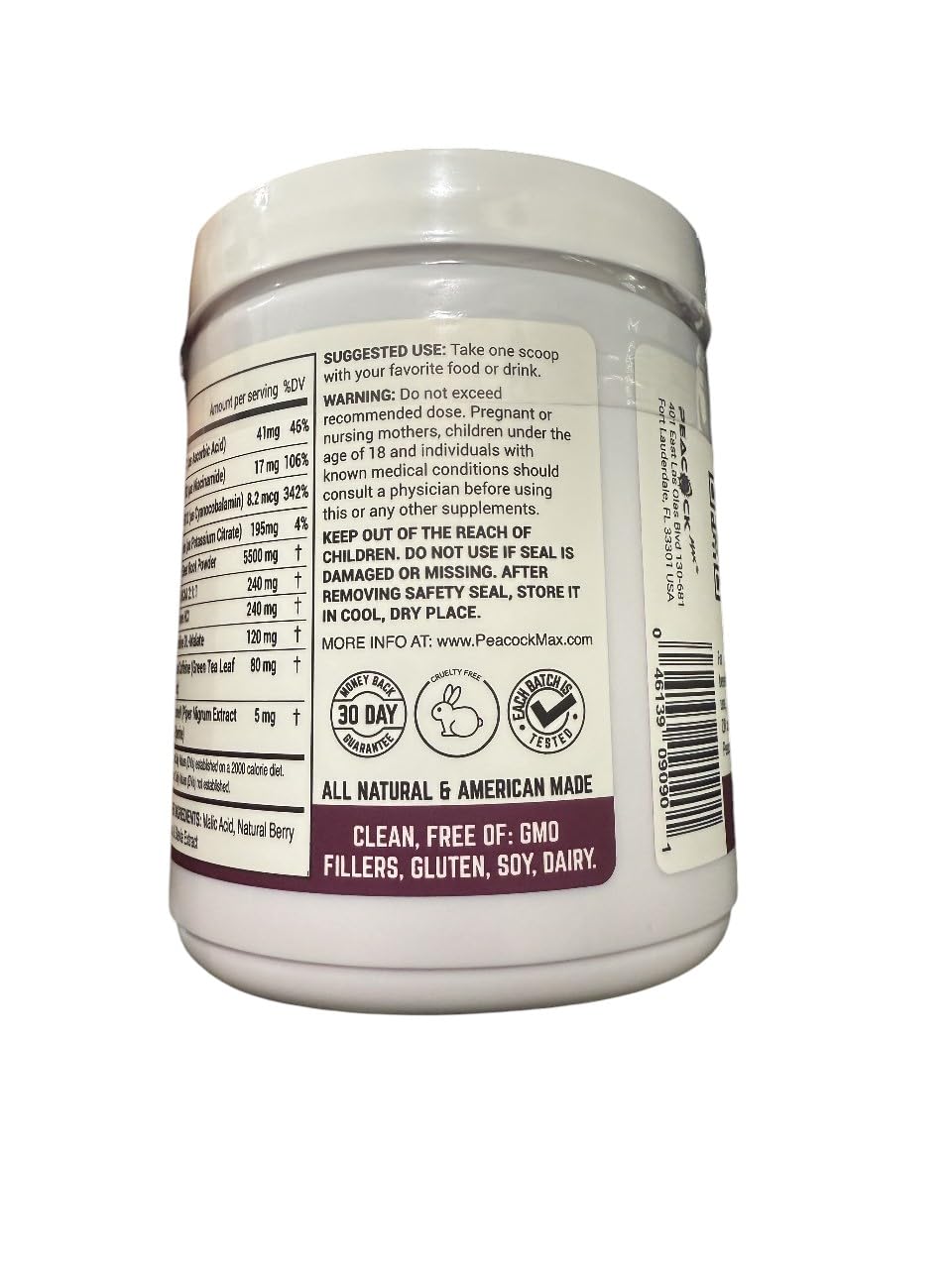 Peacock Max organic beetroot powder ingredients listed on label