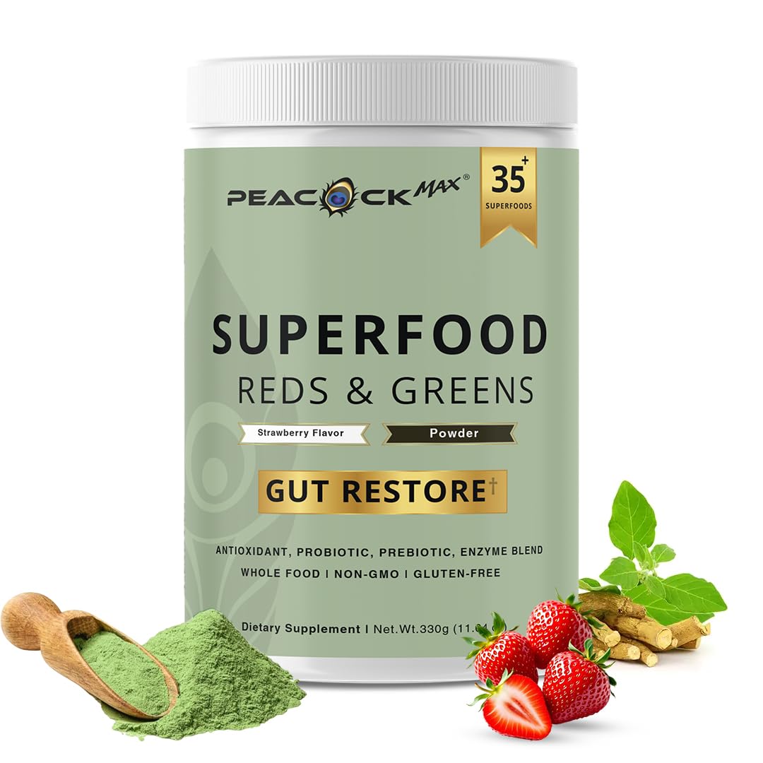 Peacock Max Reds & Greens powder tub front for daily nutrition.
