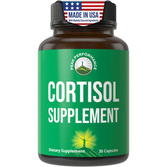 Peak Performance 5-in-1 cortisol capsules bottle shown for daily calm focus.