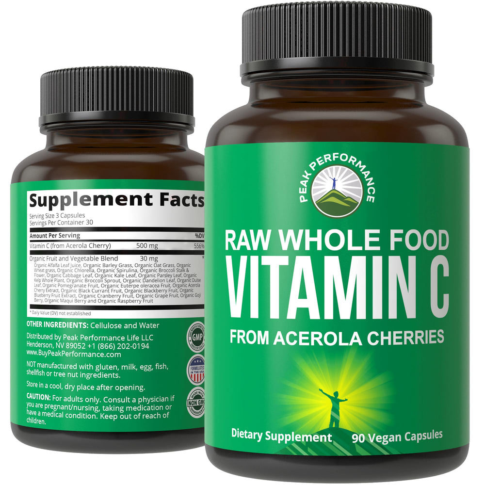 Peak Performance Acerola Vitamin C bottle front promotes vegan, whole-food immune support.