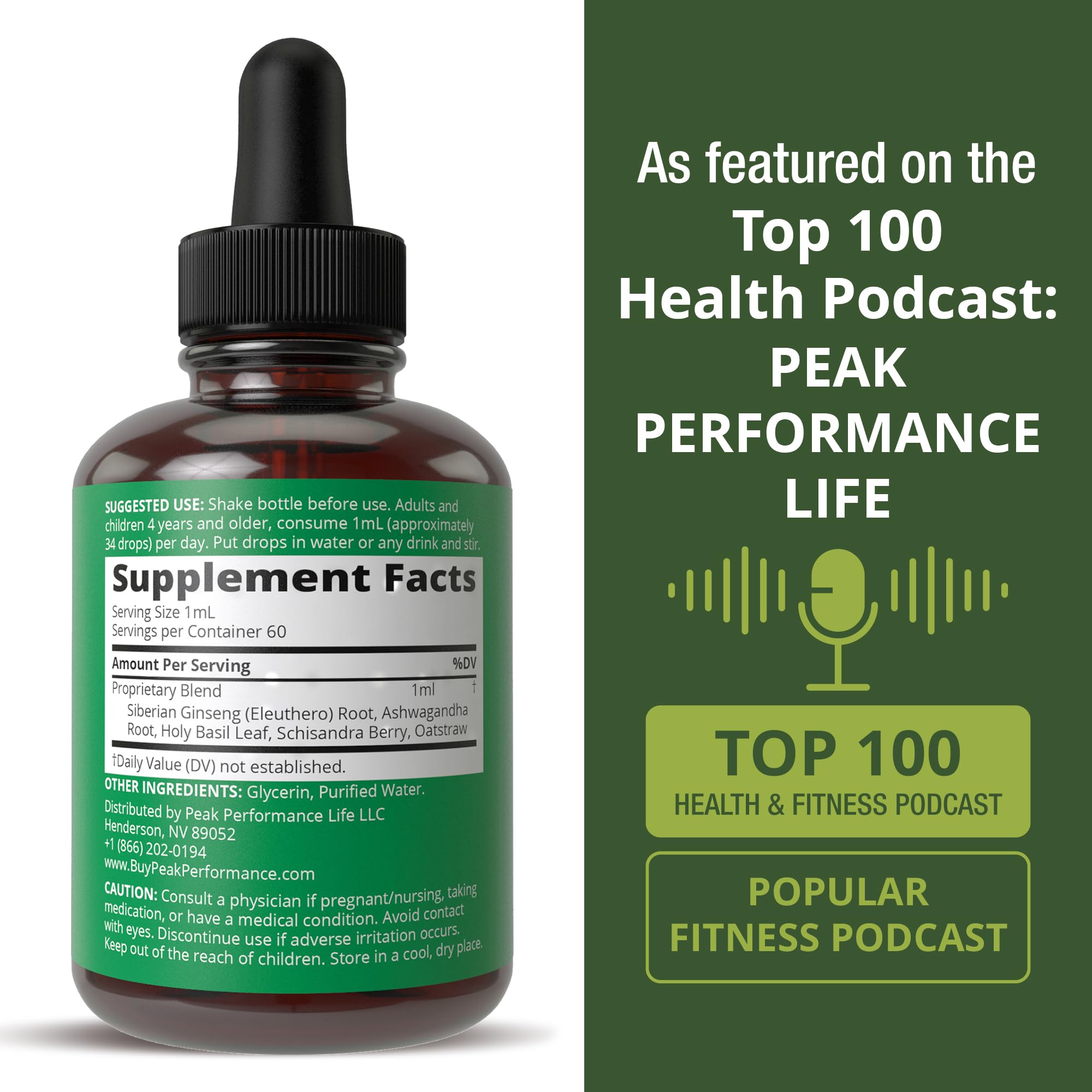 Peak Performance Adrenal Drops vegan label emphasizes no gluten or preservatives.