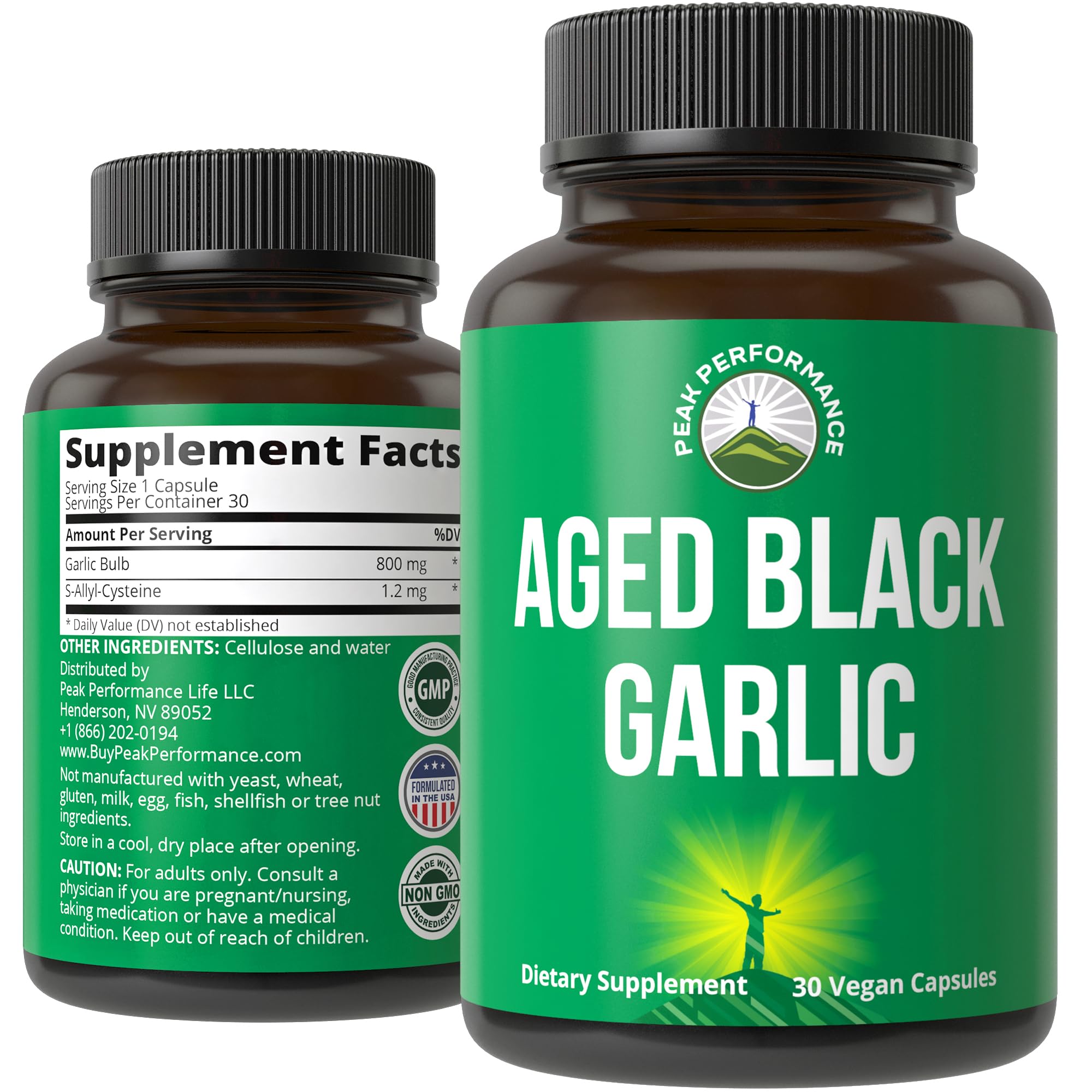 Peak Performance aged black garlic bottle pour supports daily wellness routines.