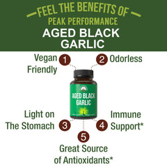 Peak Performance aged black garlic capsules closeup highlights odorless extract.
